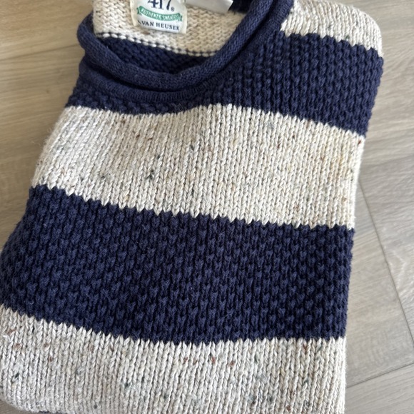 Vintage 417‎ Mens Sweater By VAN HEUSEN XL Hand Knit Chunky Knit Striped Navy - Picture 8 of 9